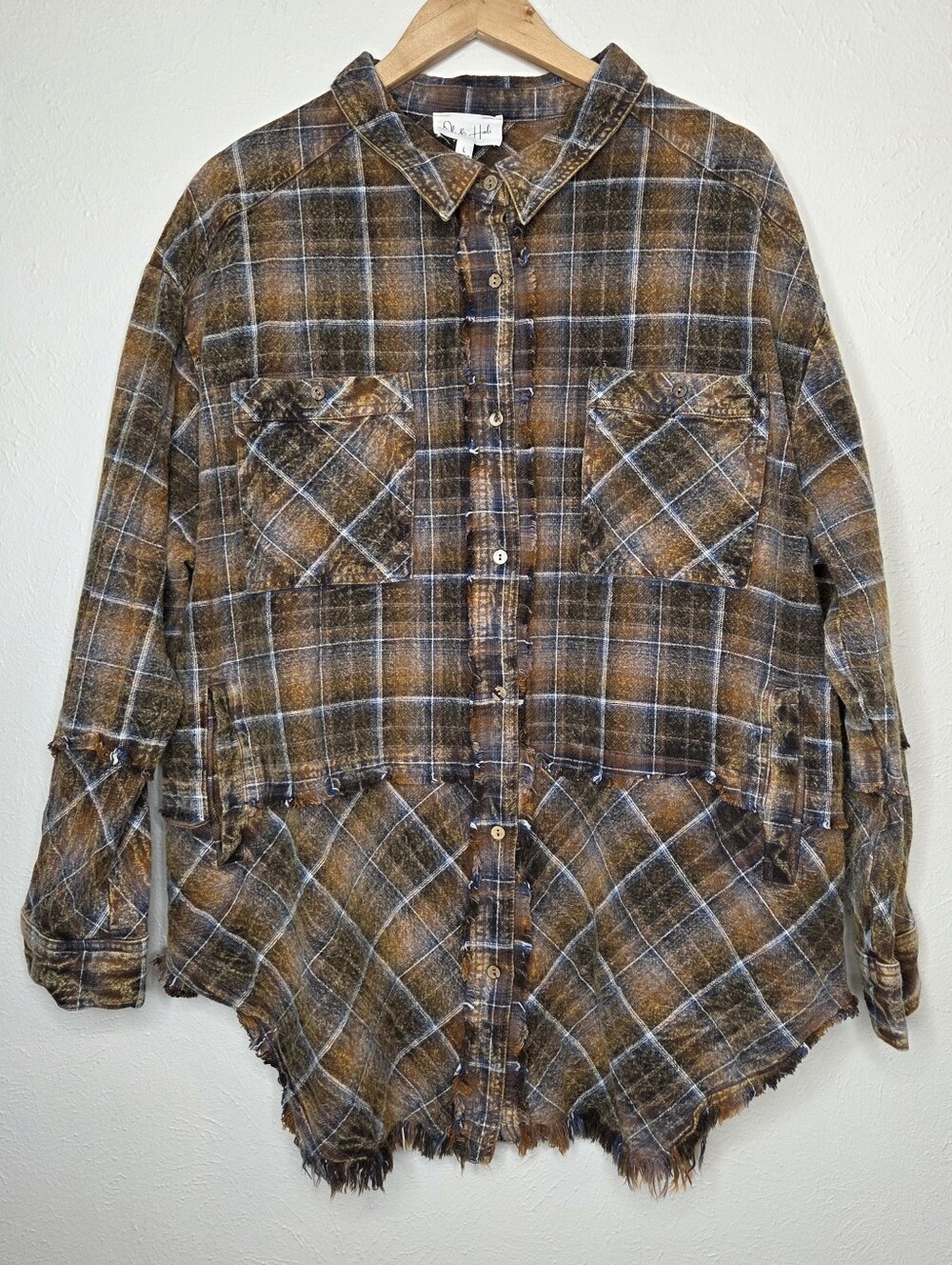 Oli & Hali Oversized Plaid Shacket Distressed Raw Hem Cotton Utility Jacket L